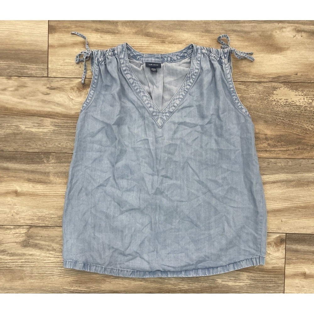 J Jill Chambray Top Womens PL Petite Large Blue Tie Shoulder Sleeveless V-Neck